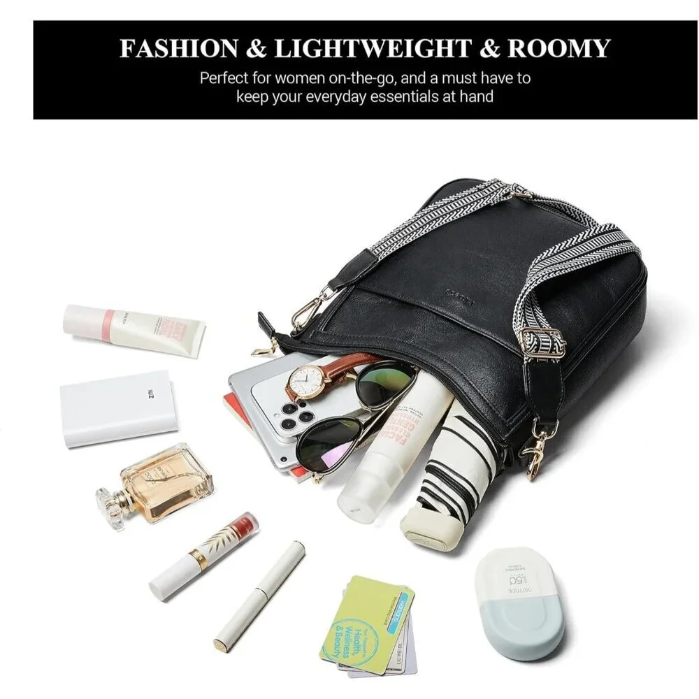 Women's 3-1 Black Vegan Leather Hobo Daily Travel Work Shoulder Crossbody Purses